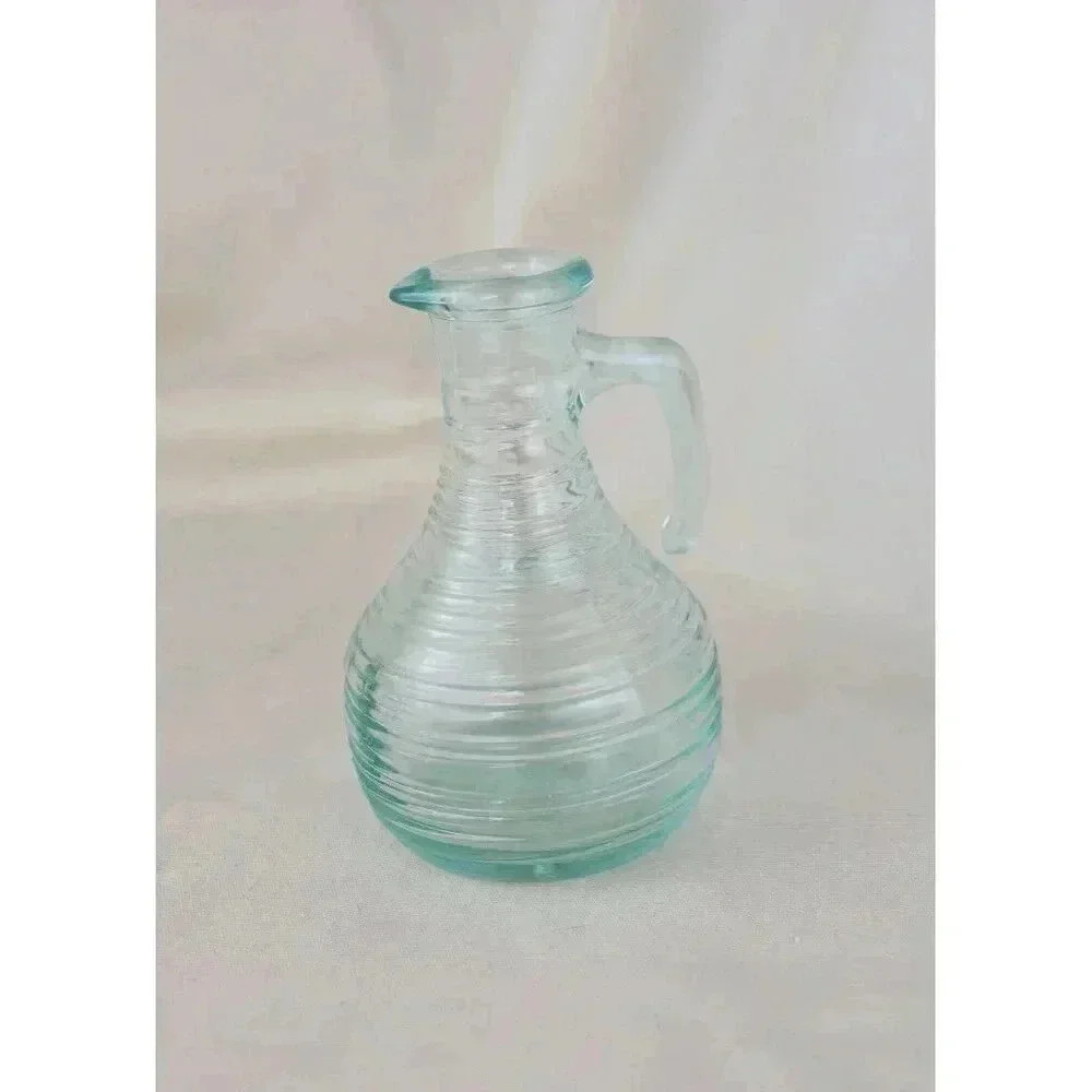 Decanter or Pitcher Vtg Small, Syrup, vinegar oil‎ bluishgreen, striation rings